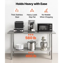 VEVOR Stainless Steel Work Table, 24x60 Inch Food Prep Table, Commercial Kitchen Workstation with Adjustable Undershelf, Metal Heavy Duty Utility Worktable, for Restaurant Home Hotel Garage Outdoor