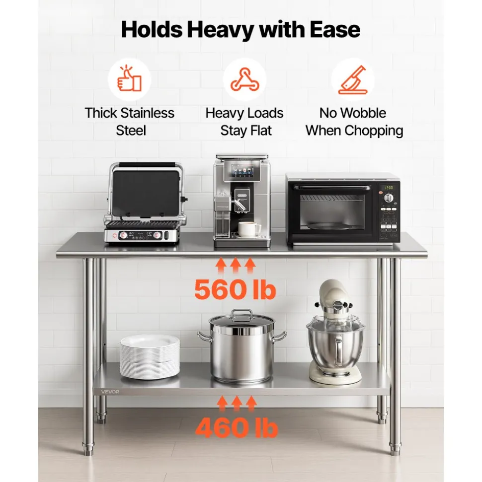 VEVOR Stainless Steel Work Table, 24x60 Inch Food Prep Table, Commercial Kitchen Workstation with Adjustable Undershelf, Metal Heavy Duty Utility Worktable, for Restaurant Home Hotel Garage Outdoor