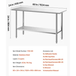 VEVOR Stainless Steel Work Table, 24x60 Inch Food Prep Table, Commercial Kitchen Workstation with Adjustable Undershelf, Metal Heavy Duty Utility Worktable, for Restaurant Home Hotel Garage Outdoor