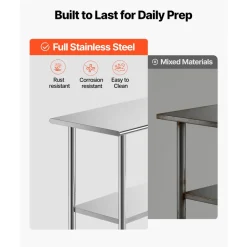 VEVOR Stainless Steel Work Table, 24x60 Inch Food Prep Table, Commercial Kitchen Workstation with Adjustable Undershelf, Metal Heavy Duty Utility Worktable, for Restaurant Home Hotel Garage Outdoor