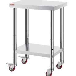 VEVOR Stainless Steel Work Table 24 x 18 x 34 Inch, 700 LBS Load Capacity with 4 Wheels, 3 Adjustable Height Levels, Heavy Duty Food Prep Worktable for Commercial Kitchen Restaurant, Silver