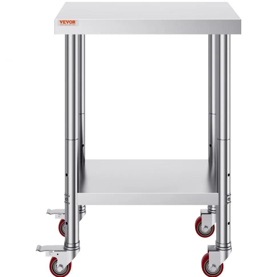 VEVOR Stainless Steel Work Table 24 x 18 x 34 Inch, 700 LBS Load Capacity with 4 Wheels, 3 Adjustable Height Levels, Heavy Duty Food Prep Worktable for Commercial Kitchen Restaurant, Silver