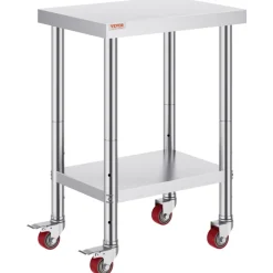 VEVOR Stainless Steel Work Table 24 x 18 x 34 Inch, 700 LBS Load Capacity with 4 Wheels, 3 Adjustable Height Levels, Heavy Duty Food Prep Worktable for Commercial Kitchen Restaurant, Silver