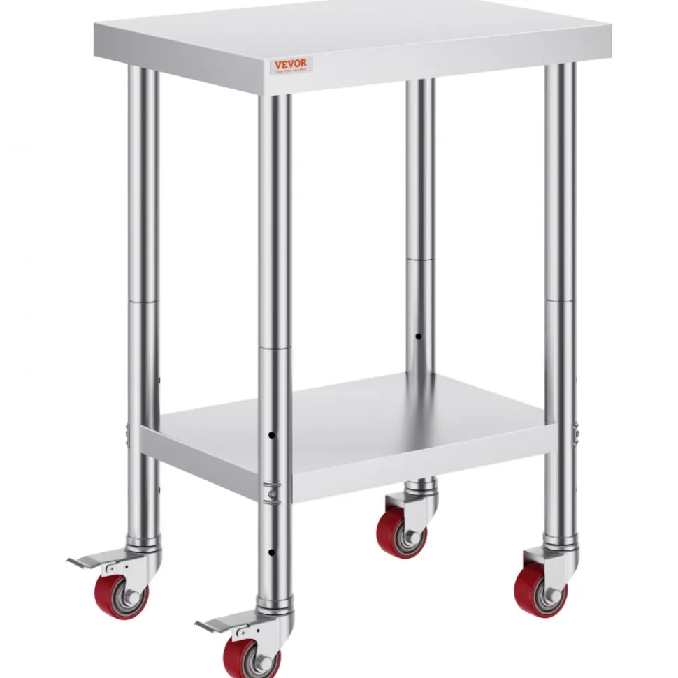 VEVOR Stainless Steel Work Table 24 x 18 x 34 Inch, 700 LBS Load Capacity with 4 Wheels, 3 Adjustable Height Levels, Heavy Duty Food Prep Worktable for Commercial Kitchen Restaurant, Silver