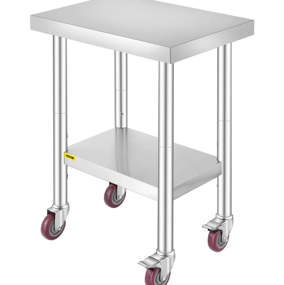 VEVOR Stainless Steel Work Table 24 x 18 x 34 Inch, 700 LBS Load Capacity with 4 Wheels, 3 Adjustable Height Levels, Heavy Duty Food Prep Worktable for Commercial Kitchen Restaurant, Silver