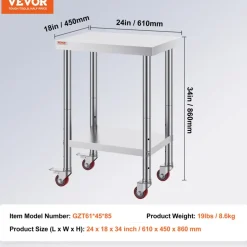 VEVOR Stainless Steel Work Table 24 x 18 x 34 Inch, 700 LBS Load Capacity with 4 Wheels, 3 Adjustable Height Levels, Heavy Duty Food Prep Worktable for Commercial Kitchen Restaurant, Silver