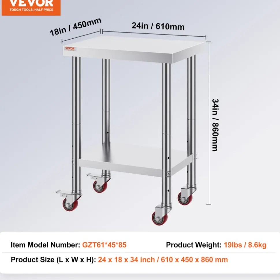 VEVOR Stainless Steel Work Table 24 x 18 x 34 Inch, 700 LBS Load Capacity with 4 Wheels, 3 Adjustable Height Levels, Heavy Duty Food Prep Worktable for Commercial Kitchen Restaurant, Silver
