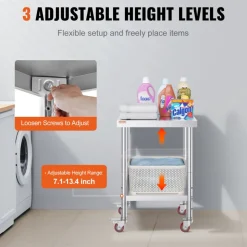 VEVOR Stainless Steel Work Table 24 x 18 x 34 Inch, 700 LBS Load Capacity with 4 Wheels, 3 Adjustable Height Levels, Heavy Duty Food Prep Worktable for Commercial Kitchen Restaurant, Silver