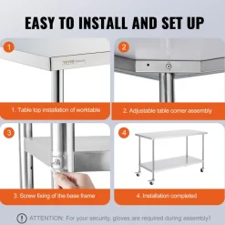 VEVOR Stainless Steel Work Table, 24 x 24 x 30 Inch Commercial Food Prep Worktable with 4 Wheels, Casters, 3-Sided Backsplash Heavy Duty Prep Worktable, Metal Work Table for Restaurant Home Hotel