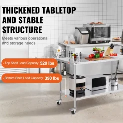 VEVOR Stainless Steel Work Table, 24 x 24 x 30 Inch Commercial Food Prep Worktable with 4 Wheels, Casters, 3-Sided Backsplash Heavy Duty Prep Worktable, Metal Work Table for Restaurant Home Hotel