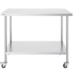 VEVOR Stainless Steel Work Table, 24 x 24 x 30 Inch Commercial Food Prep Worktable with 4 Wheels, Casters, 3-Sided Backsplash Heavy Duty Prep Worktable, Metal Work Table for Restaurant Home Hotel