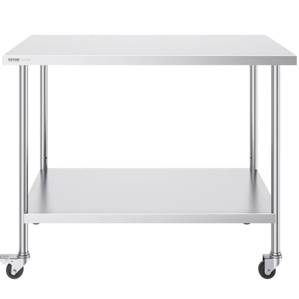 VEVOR Stainless Steel Work Table, 24 x 24 x 30 Inch Commercial Food Prep Worktable with 4 Wheels, Casters, 3-Sided Backsplash Heavy Duty Prep Worktable, Metal Work Table for Restaurant Home Hotel