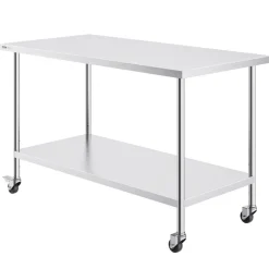 VEVOR Stainless Steel Work Table, 24 x 24 x 30 Inch Commercial Food Prep Worktable with 4 Wheels, Casters, 3-Sided Backsplash Heavy Duty Prep Worktable, Metal Work Table for Restaurant Home Hotel