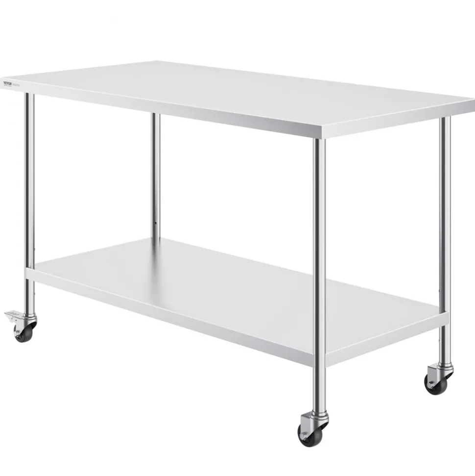 VEVOR Stainless Steel Work Table, 24 x 24 x 30 Inch Commercial Food Prep Worktable with 4 Wheels, Casters, 3-Sided Backsplash Heavy Duty Prep Worktable, Metal Work Table for Restaurant Home Hotel
