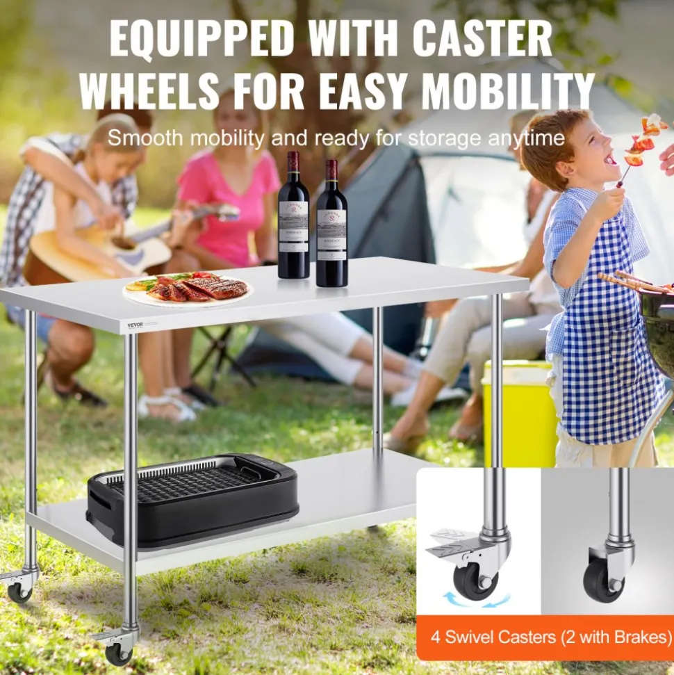 VEVOR Stainless Steel Work Table, 24 x 24 x 30 Inch Commercial Food Prep Worktable with 4 Wheels, Casters, 3-Sided Backsplash Heavy Duty Prep Worktable, Metal Work Table for Restaurant Home Hotel