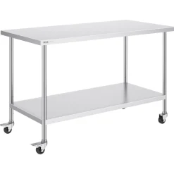 VEVOR Stainless Steel Work Table, 24 x 24 x 30 Inch Commercial Food Prep Worktable with 4 Wheels, Casters, 3-Sided Backsplash Heavy Duty Prep Worktable, Metal Work Table for Restaurant Home Hotel