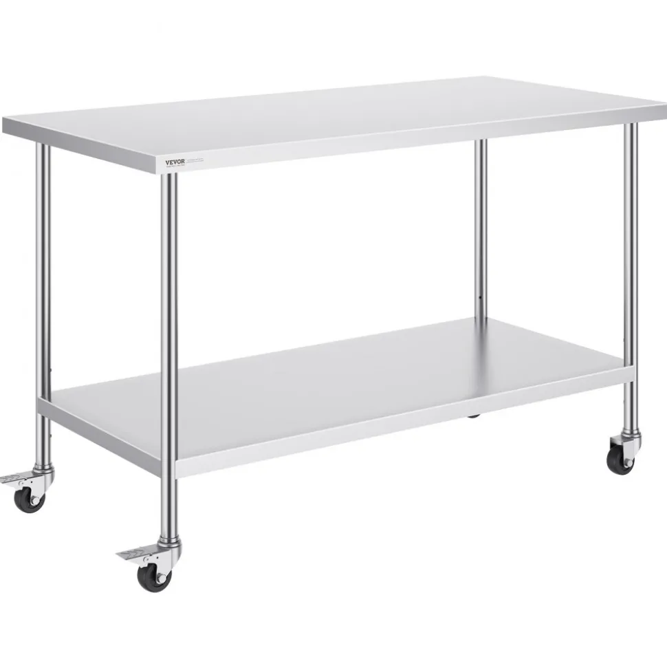 VEVOR Stainless Steel Work Table, 24 x 24 x 30 Inch Commercial Food Prep Worktable with 4 Wheels, Casters, 3-Sided Backsplash Heavy Duty Prep Worktable, Metal Work Table for Restaurant Home Hotel
