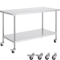 VEVOR Stainless Steel Work Table, 24 x 24 x 30 Inch Commercial Food Prep Worktable with 4 Wheels, Casters, 3-Sided Backsplash Heavy Duty Prep Worktable, Metal Work Table for Restaurant Home Hotel