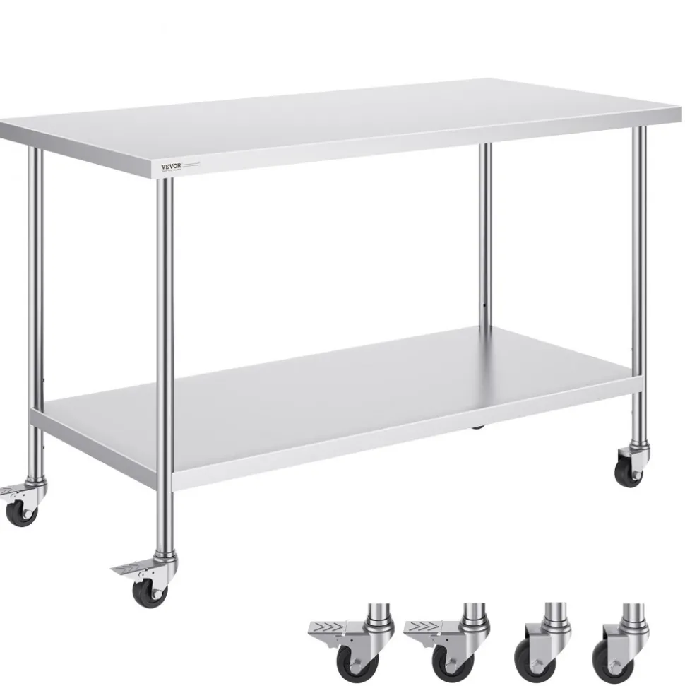 VEVOR Stainless Steel Work Table, 24 x 24 x 30 Inch Commercial Food Prep Worktable with 4 Wheels, Casters, 3-Sided Backsplash Heavy Duty Prep Worktable, Metal Work Table for Restaurant Home Hotel