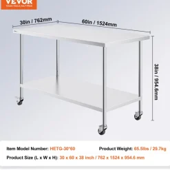 VEVOR Stainless Steel Work Table, 24 x 24 x 30 Inch Commercial Food Prep Worktable with 4 Wheels, Casters, 3-Sided Backsplash Heavy Duty Prep Worktable, Metal Work Table for Restaurant Home Hotel