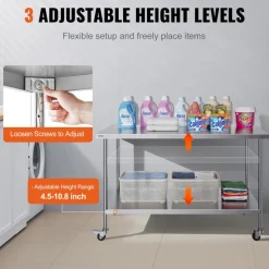 VEVOR Stainless Steel Work Table, 24 x 24 x 30 Inch Commercial Food Prep Worktable with 4 Wheels, Casters, 3-Sided Backsplash Heavy Duty Prep Worktable, Metal Work Table for Restaurant Home Hotel