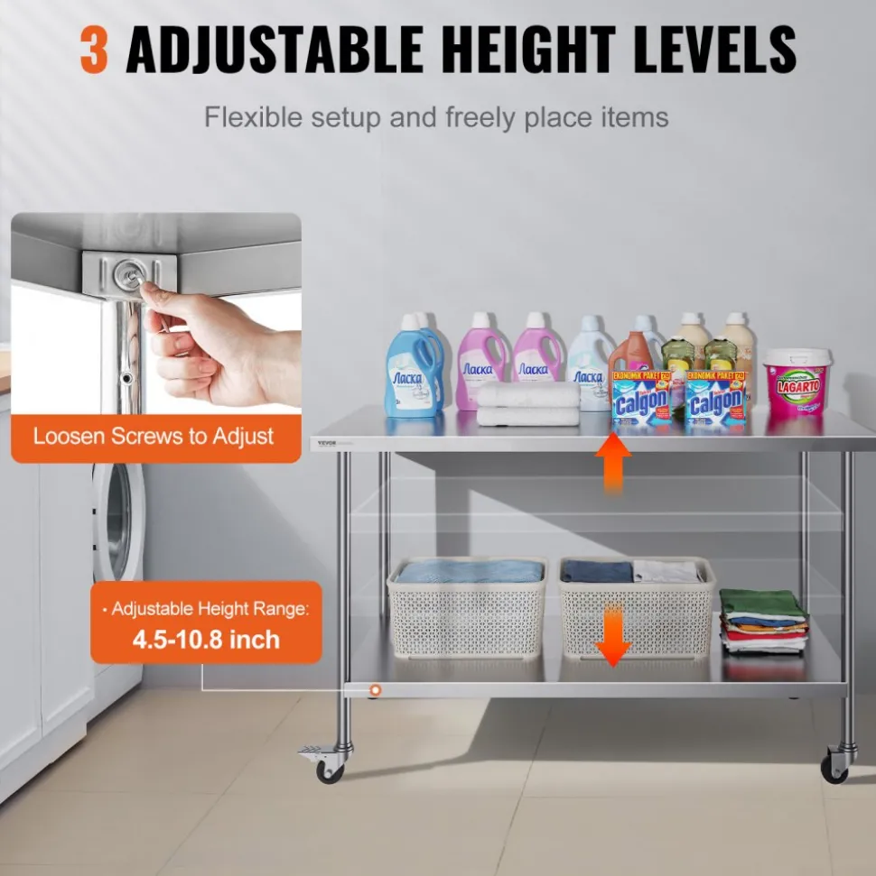 VEVOR Stainless Steel Work Table, 24 x 24 x 30 Inch Commercial Food Prep Worktable with 4 Wheels, Casters, 3-Sided Backsplash Heavy Duty Prep Worktable, Metal Work Table for Restaurant Home Hotel