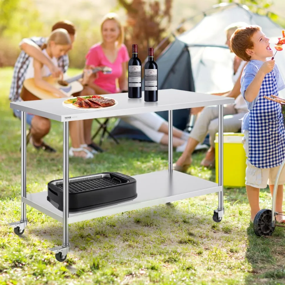 VEVOR Stainless Steel Work Table, 24 x 24 x 30 Inch Commercial Food Prep Worktable with 4 Wheels, Casters, 3-Sided Backsplash Heavy Duty Prep Worktable, Metal Work Table for Restaurant Home Hotel