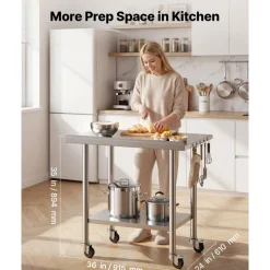 VEVOR Stainless Steel Work Table, 24x36 inch Food Prep Table with Wheels and Backsplash, Commercial Kitchen Workstation with Adjustable Undershelf, Metal Utility Worktable, for Restaurant Home Outdoor