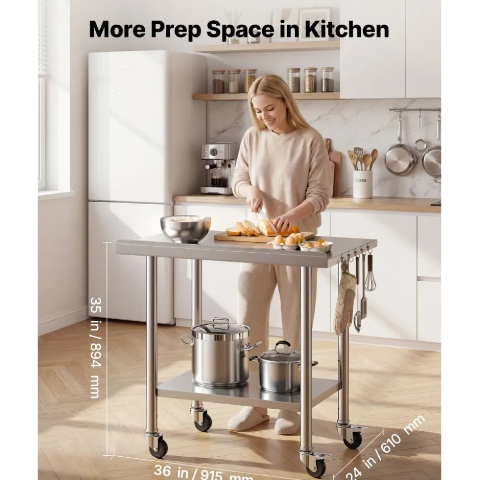 VEVOR Stainless Steel Work Table, 24x36 inch Food Prep Table with Wheels and Backsplash, Commercial Kitchen Workstation with Adjustable Undershelf, Metal Utility Worktable, for Restaurant Home Outdoor