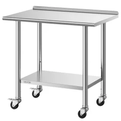 VEVOR Stainless Steel Work Table, 24x36 inch Food Prep Table with Wheels and Backsplash, Commercial Kitchen Workstation with Adjustable Undershelf, Metal Utility Worktable, for Restaurant Home Outdoor
