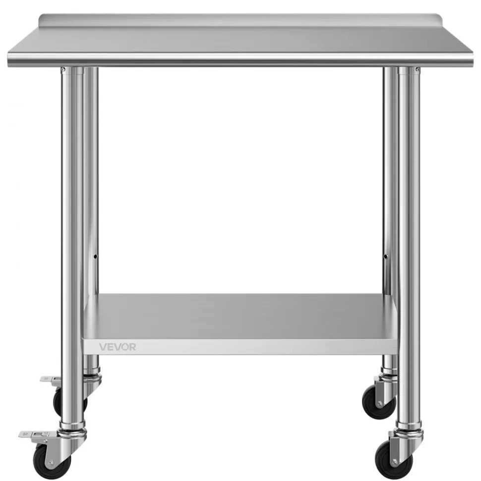 VEVOR Stainless Steel Work Table, 24x36 inch Food Prep Table with Wheels and Backsplash, Commercial Kitchen Workstation with Adjustable Undershelf, Metal Utility Worktable, for Restaurant Home Outdoor