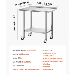 VEVOR Stainless Steel Work Table, 24x36 inch Food Prep Table with Wheels and Backsplash, Commercial Kitchen Workstation with Adjustable Undershelf, Metal Utility Worktable, for Restaurant Home Outdoor