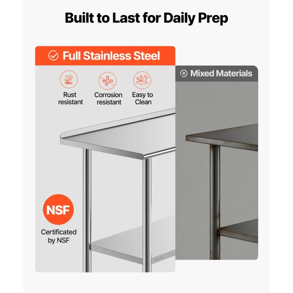 VEVOR Stainless Steel Work Table, 24x36 inch Food Prep Table with Wheels and Backsplash, Commercial Kitchen Workstation with Adjustable Undershelf, Metal Utility Worktable, for Restaurant Home Outdoor