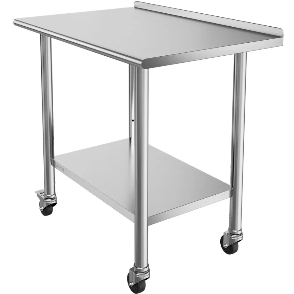 VEVOR Stainless Steel Work Table, 24x36 inch Food Prep Table with Wheels and Backsplash, Commercial Kitchen Workstation with Adjustable Undershelf, Metal Utility Worktable, for Restaurant Home Outdoor