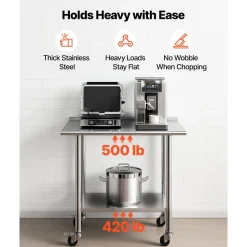 VEVOR Stainless Steel Work Table, 24x36 inch Food Prep Table with Wheels and Backsplash, Commercial Kitchen Workstation with Adjustable Undershelf, Metal Utility Worktable, for Restaurant Home Outdoor