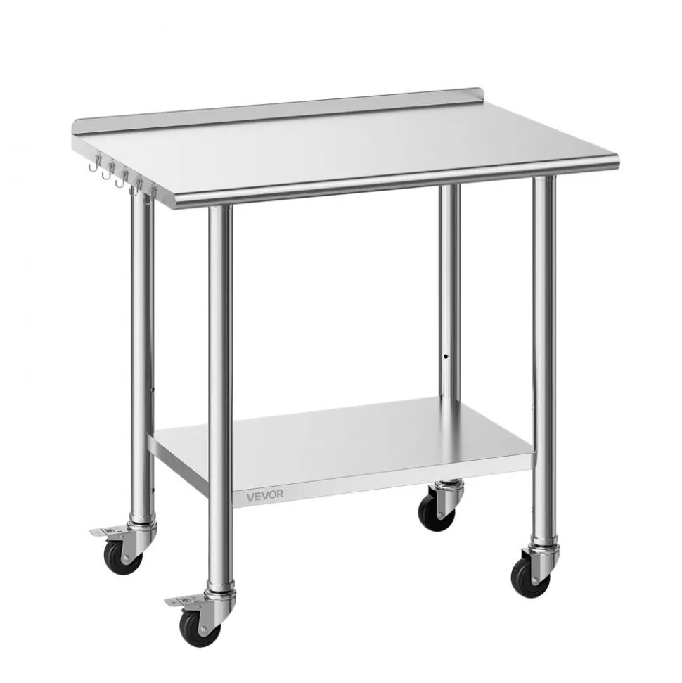 VEVOR Stainless Steel Work Table, 24x36 inch Food Prep Table with Wheels and Backsplash, Commercial Kitchen Workstation with Adjustable Undershelf, Metal Utility Worktable, for Restaurant Home Outdoor