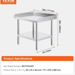 VEVOR Stainless Steel Work Table, 24 x 28 x 26 Inch Commercial Food Prep Worktable, 3-Sided Backsplash Heavy Duty Prep Worktable, Metal Work Table with Adjustable Height for Restaurant Home Hotel