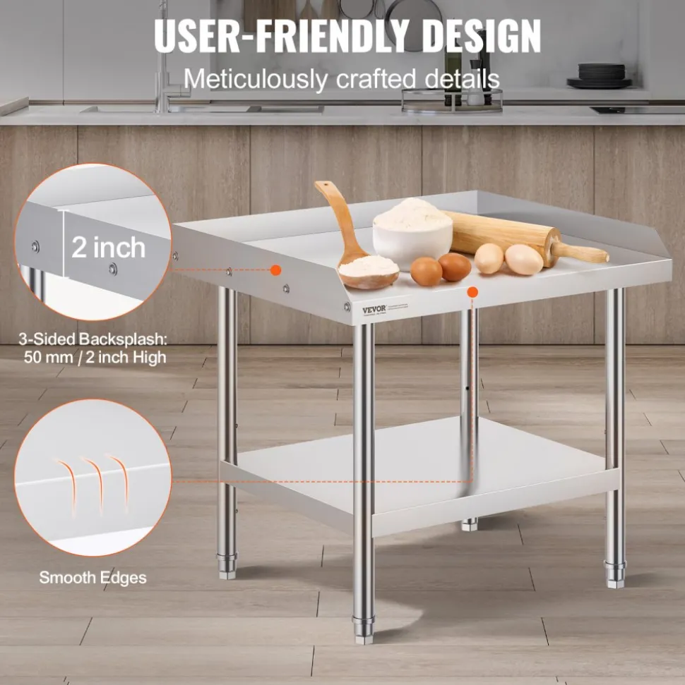 VEVOR Stainless Steel Work Table, 24 x 28 x 26 Inch Commercial Food Prep Worktable, 3-Sided Backsplash Heavy Duty Prep Worktable, Metal Work Table with Adjustable Height for Restaurant Home Hotel