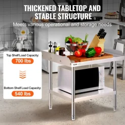 VEVOR Stainless Steel Work Table, 24 x 28 x 26 Inch Commercial Food Prep Worktable, 3-Sided Backsplash Heavy Duty Prep Worktable, Metal Work Table with Adjustable Height for Restaurant Home Hotel