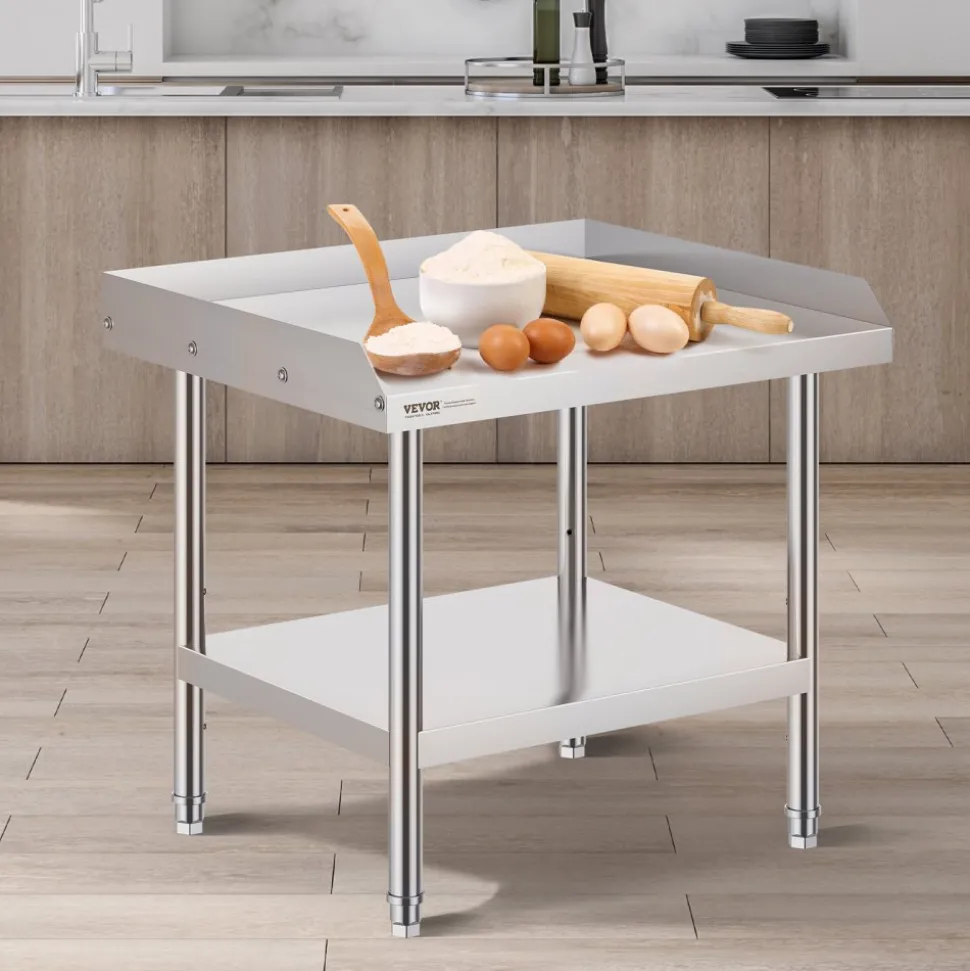 VEVOR Stainless Steel Work Table, 24 x 28 x 26 Inch Commercial Food Prep Worktable, 3-Sided Backsplash Heavy Duty Prep Worktable, Metal Work Table with Adjustable Height for Restaurant Home Hotel