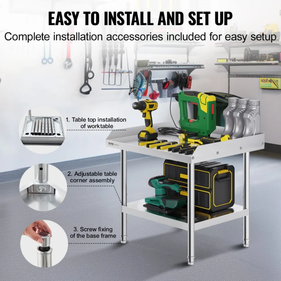 VEVOR Stainless Steel Work Table, 24 x 28 x 26 Inch Commercial Food Prep Worktable, 3-Sided Backsplash Heavy Duty Prep Worktable, Metal Work Table with Adjustable Height for Restaurant Home Hotel