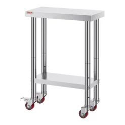 VEVOR Stainless Steel Work Table 12 x 24 x 34 Inch, 700 LBS Load Capacity with 4 Wheels, 3 Adjustable Height Levels, Heavy Duty Food Prep Worktable for Commercial Kitchen Restaurant, Silver
