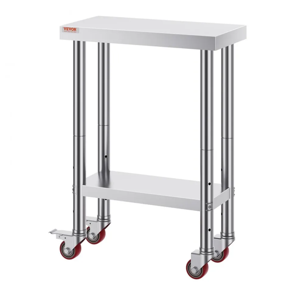 VEVOR Stainless Steel Work Table 12 x 24 x 34 Inch, 700 LBS Load Capacity with 4 Wheels, 3 Adjustable Height Levels, Heavy Duty Food Prep Worktable for Commercial Kitchen Restaurant, Silver