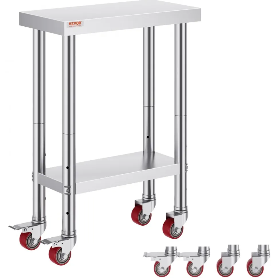VEVOR Stainless Steel Work Table 12 x 24 x 34 Inch, 700 LBS Load Capacity with 4 Wheels, 3 Adjustable Height Levels, Heavy Duty Food Prep Worktable for Commercial Kitchen Restaurant, Silver