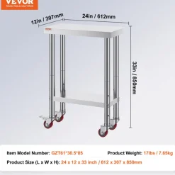 VEVOR Stainless Steel Work Table 12 x 24 x 34 Inch, 700 LBS Load Capacity with 4 Wheels, 3 Adjustable Height Levels, Heavy Duty Food Prep Worktable for Commercial Kitchen Restaurant, Silver