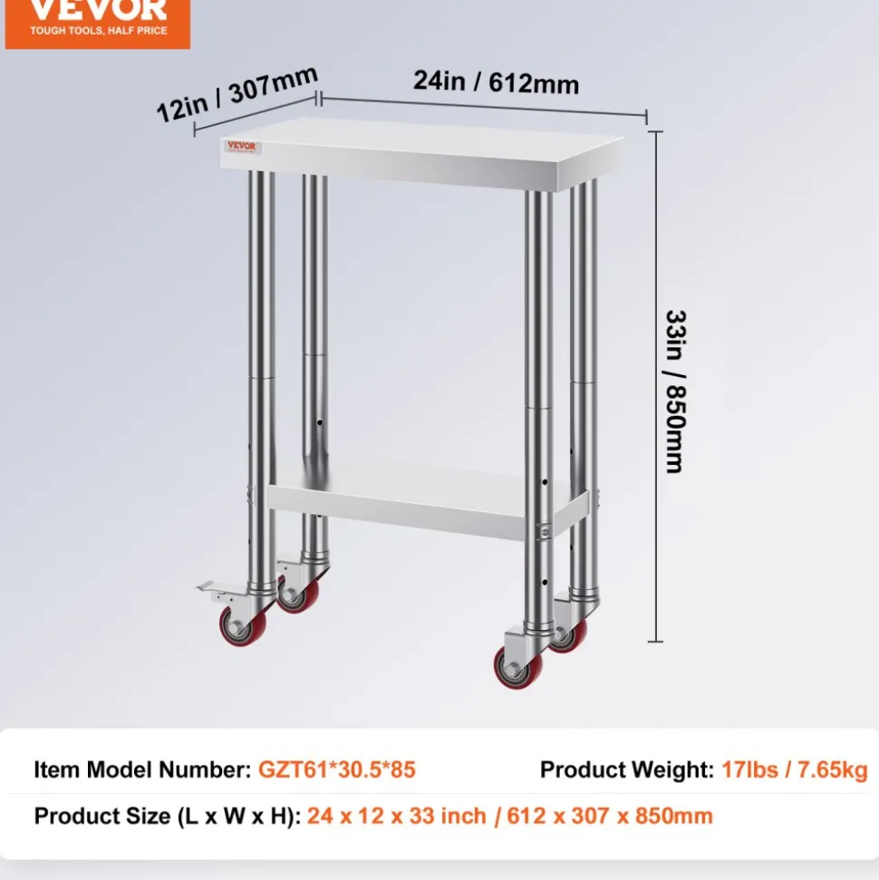 VEVOR Stainless Steel Work Table 12 x 24 x 34 Inch, 700 LBS Load Capacity with 4 Wheels, 3 Adjustable Height Levels, Heavy Duty Food Prep Worktable for Commercial Kitchen Restaurant, Silver