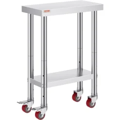 VEVOR Stainless Steel Work Table 12 x 24 x 34 Inch, 700 LBS Load Capacity with 4 Wheels, 3 Adjustable Height Levels, Heavy Duty Food Prep Worktable for Commercial Kitchen Restaurant, Silver