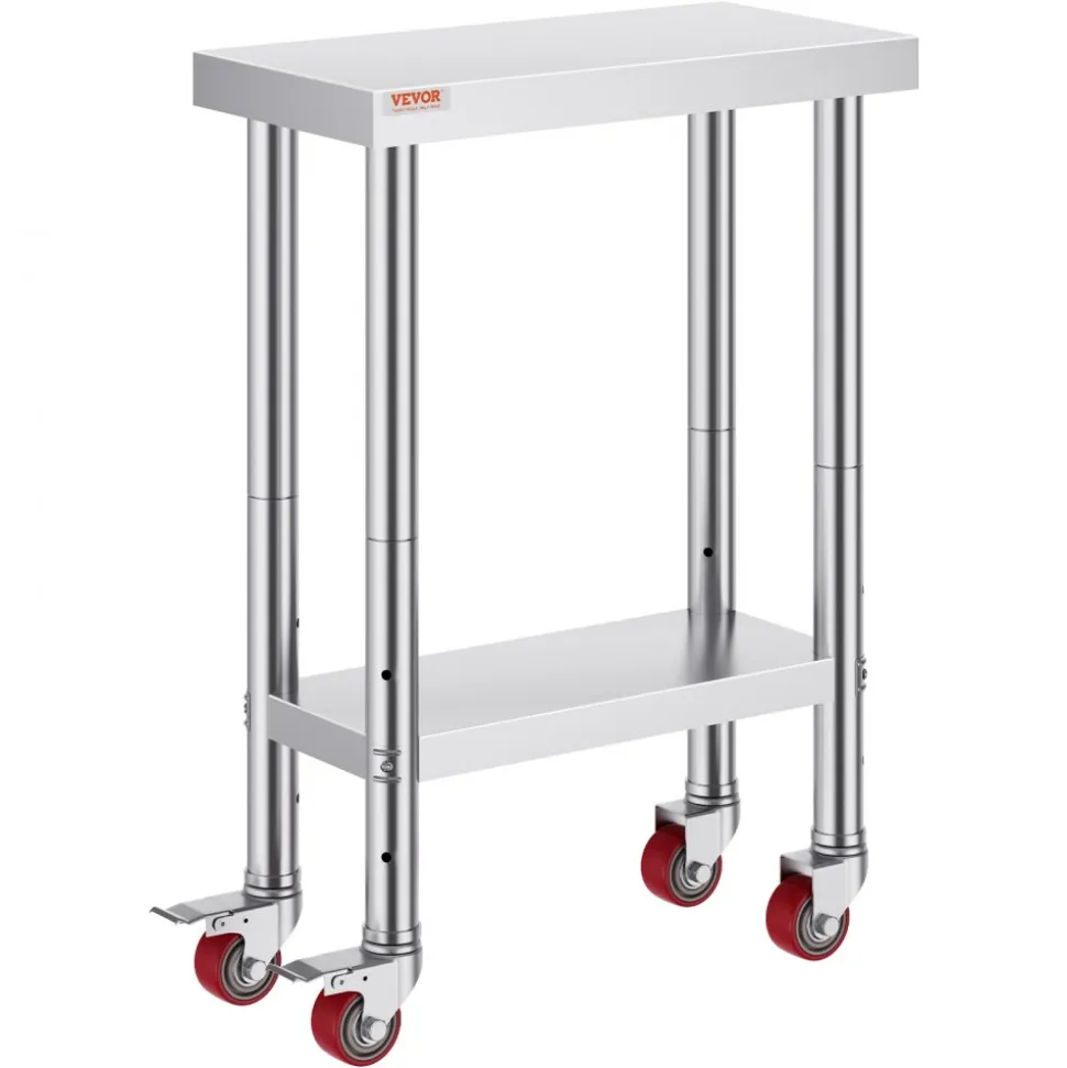 VEVOR Stainless Steel Work Table 12 x 24 x 34 Inch, 700 LBS Load Capacity with 4 Wheels, 3 Adjustable Height Levels, Heavy Duty Food Prep Worktable for Commercial Kitchen Restaurant, Silver