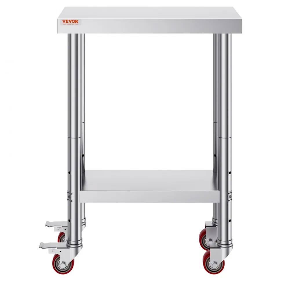 VEVOR Stainless Steel Work Table 12 x 24 x 34 Inch, 700 LBS Load Capacity with 4 Wheels, 3 Adjustable Height Levels, Heavy Duty Food Prep Worktable for Commercial Kitchen Restaurant, Silver