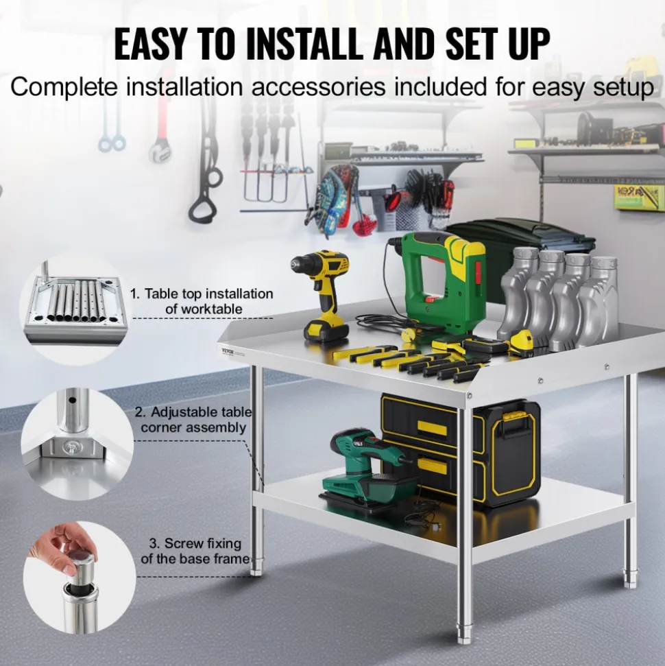 VEVOR Stainless Steel Work Table, 30 x 36 x 26 Inch Commercial Food Prep Worktable, 3-Sided Backsplash Heavy Duty Prep Worktable, Metal Work Table with Adjustable Height for Restaurant Home Hotel